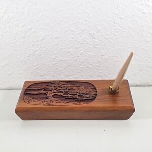 Laser Engraved Wooden Pen Holder Desk Accessory Tree Motif